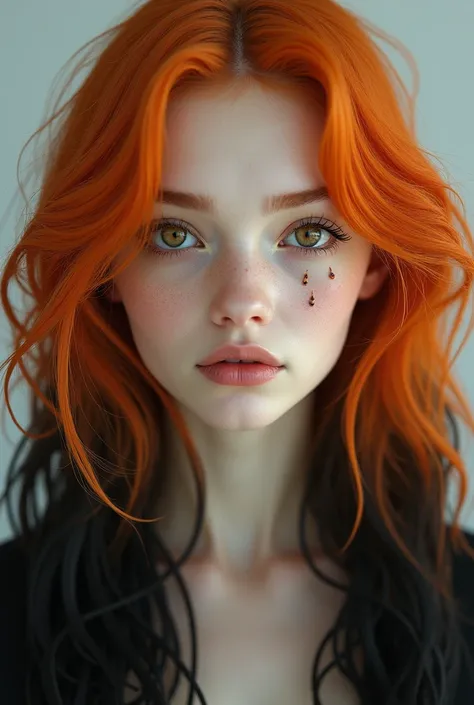 A woman with bright, wavy orange hair that is dyed black at the very ends. Shes very pale and has three beauty marks adorning her face. She has wide hazel eyes.