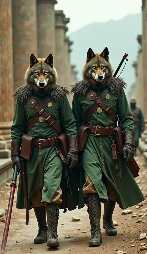  Two soldiers with the heads of Italian wolves ,  dressed in torn green uniforms ,  decorated with thorns and ancient symbols .  Their faces have deep scars ,  and their eyes shine brightly in yellow .  They carry rifles and bloody swords as they march thr...