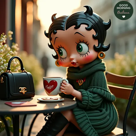 Morning blessing, classic betty boop, wear tiger image pattern shawl, dark green wool knitted ruffle dress, leather boots, jewlery set, “chanel” classic black leather small handbag on table, having a hot coffee with heart shaped in coffee mug, sitting on c...