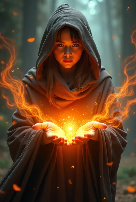 A teenage girl with a orange chaos magic in her hands and wearing a cloak 