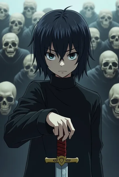 Narirui anime character Tokiiseki Ghoul with a dark-colored half-box haircut with a serious face in a black sweater, holding a sword and the inscription Kefir on it , this hand is stretched forward  , against the background of a bunch of dead people, its l...