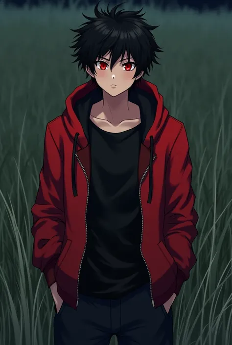 black hair, red spider eyes, red and black open hoodie, black shirt, dark black sweatpants, grassy background,short haiir, curly hair, hands in pockets, young male, muscular, night time, spider, flowing 