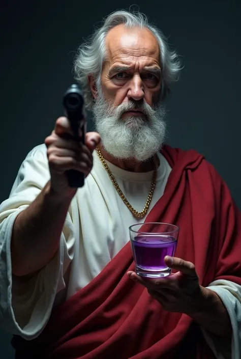  HIGH QUALITY, 8K ultra HD, Play the philosopher Socrates with a glass of lean and a gun making a gangster gesture, Dont forget the gun and the glass with purple contents 