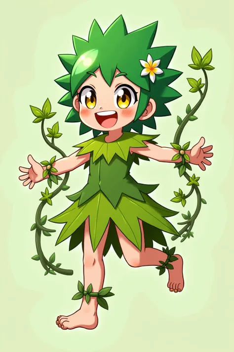 A joyful, green-haired character with vibrant, spiky hair adorned by a white flower. Her golden eyes shimmer with energy and playfulness. She wears a natural outfit crafted entirely from leaves, styled into a simple yet elegant ensemble, including leafy an...