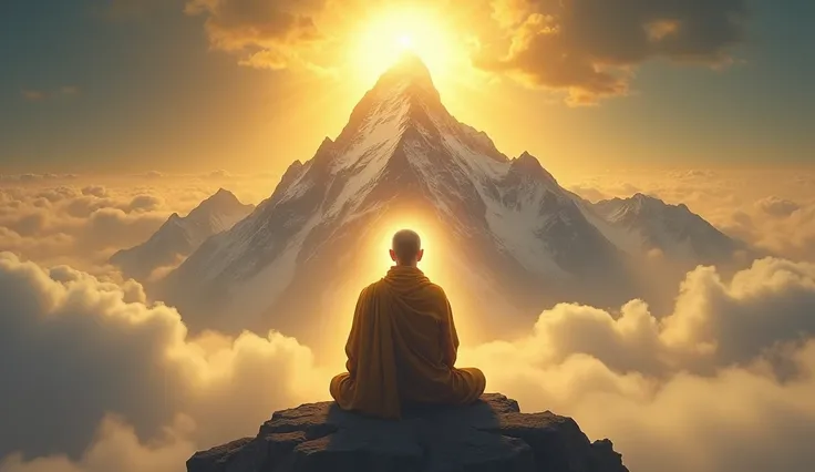 A majestic mountain peak above the clouds, with a monk sitting in solitude, surrounded by an ethereal golden aura, gazing at the universes vastness, symbolizing ultimate growth and enlightenment."