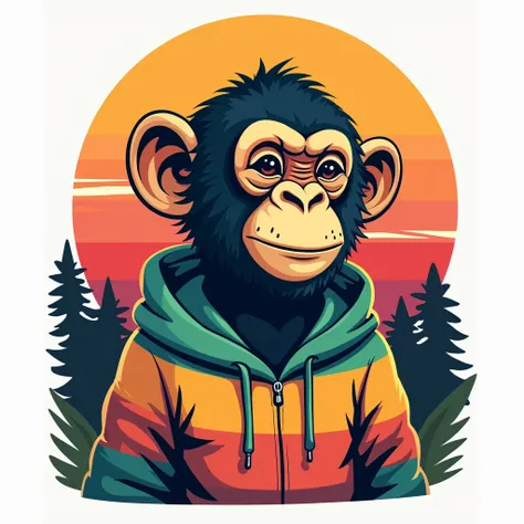 T-shirt print design featuring a extremely simple illustration of monkey wearing colorful hoodie. Simplistic vintage sunset at the background. Simple vector graphic style. Isolated on a white background. 