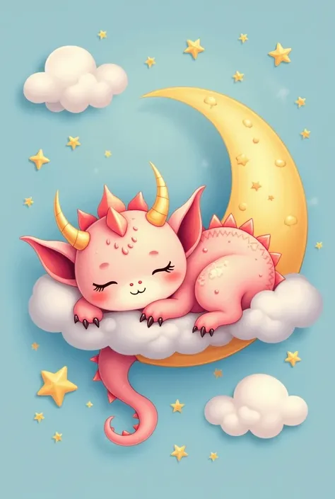 A fantasy-style illustration of a cute, fluffy dragon sleeping on a crescent moon, surrounded by twinkling stars and clouds. Soft pastel colors make it charming and perfect for a playful t-shirt design.