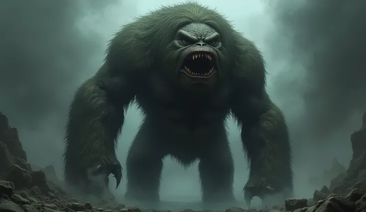 a bipedal creature , hairy , bipedal , covered in hair , scary , up to two meters tall ,  with only one eye in the center of the face,  a mouth in the abdomen . 