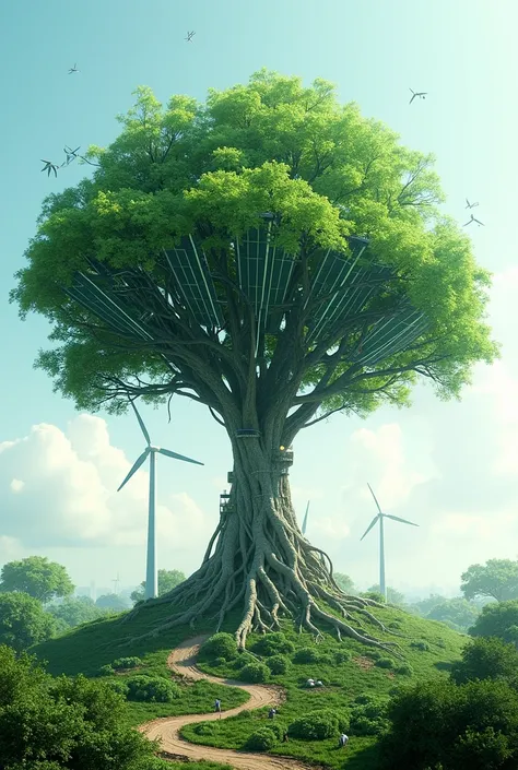 A large tree with branches made from green technologies (solar panels, wind turbines, etc.), and roots symbolizing nature and environmental protection.