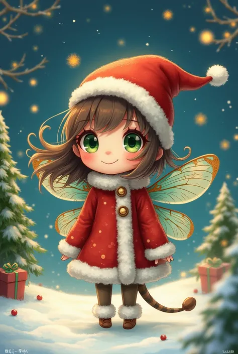 little dragonfly girl with green eyes and brown hair dress up as santa claus. with a Christmas atmosphere 
With light marker LF2A