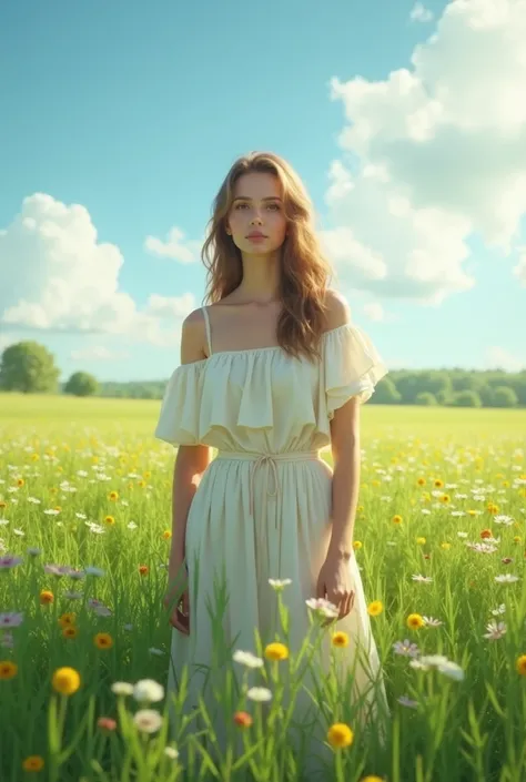 A beautiful realistic girl of European appearance 20-25 years old stands standing on a green meadow in spring