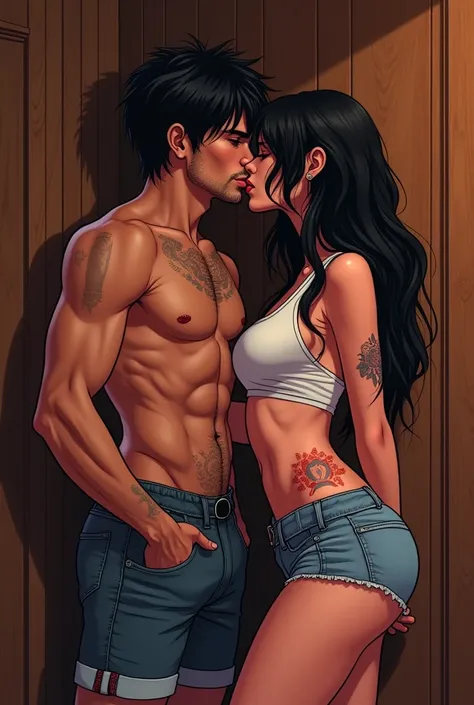   cartoon style more cyberpunk Man and woman in hot erotic scene .  She wears a white tank top and short denim shorts, He has no shirt,  showing the tattoos on her abdomen marked .  Both have black hair ,  she is long and the short one .  She keeps it atta...