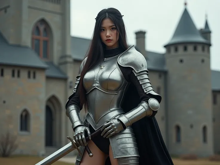  high resolution.  accurate hands .  realistic face .  Navel Piercing Silver Sexy Silver European Armor .  thigh band stockings .  deep black panties . Black Chalk, Long Sword, From Head to Body . European medieval castle background. Arrogant expression . ...