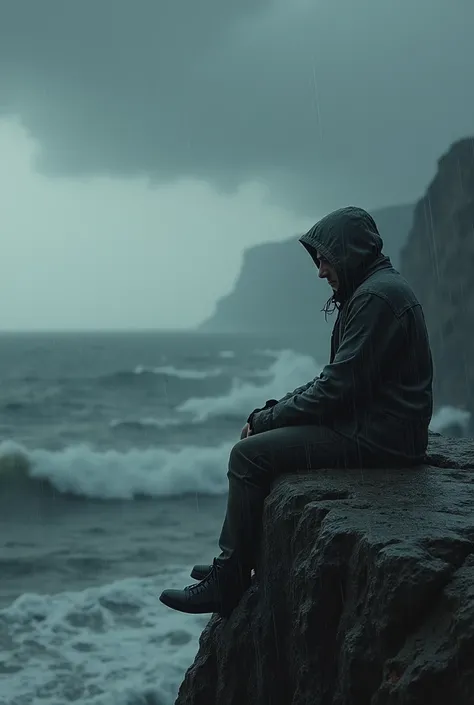 Generate a person with hoodie sitting on a cliff next to the sea while its raining