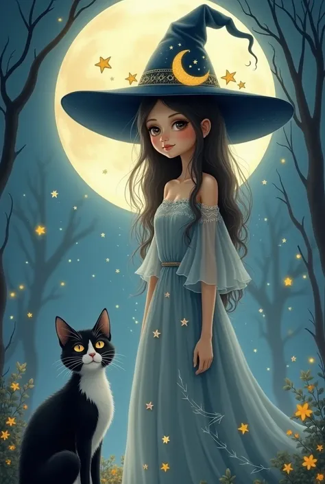 Pretty witch who wears a hat ,  with a black and white cat and who looks like half a moon