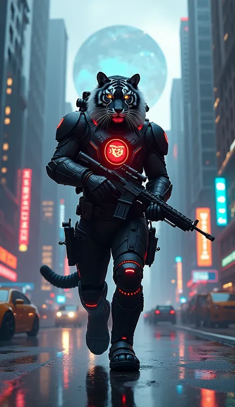 Image of a human-shaped tiger walking standing , with black futured armor with red details , with a rounded red shield of the future on the chest written the acronym YANKO neon blue on the shield,  walking around various buildings of 
New York of the moder...