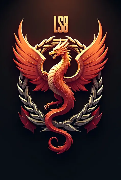 Design a bold and dynamic logo for the alliance ‘Lucky Strikes (LS8)’ in an online war strategy game, blending themes of legends and epic battles. The centerpiece should be a powerful, fiery dragon with wings spread wide, symbolizing ‘Soul.’ Surround the d...