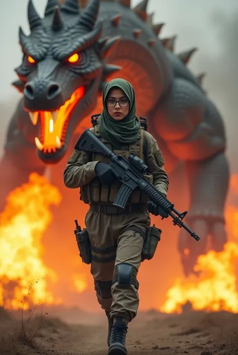 A battle-hardened soldierwoman with hijab and glasses, fully equipped in modern combat gear, moves steadily forward with a determined expression, holding a weapon firmly in hand. Behind him, a massive, fire-breathing Giant Snack with glowing eyes marches i...