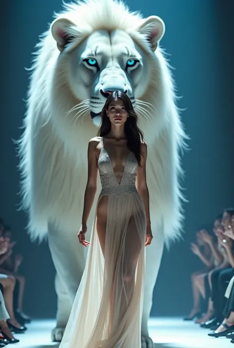 A pretty Asian girl wearing a sexy dress performs a fashion show, behind which is a majestic giant blue-eyed white lion