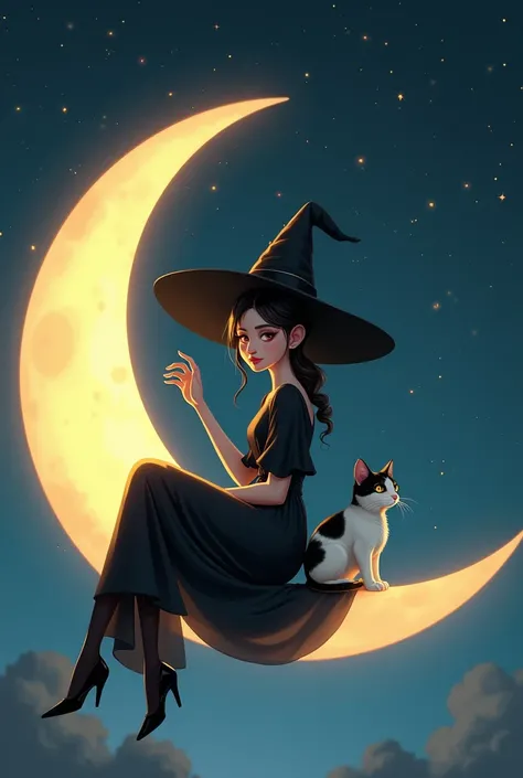 Pretty modern witch wearing a hat ,  with a black and white cat and looking like half a moon