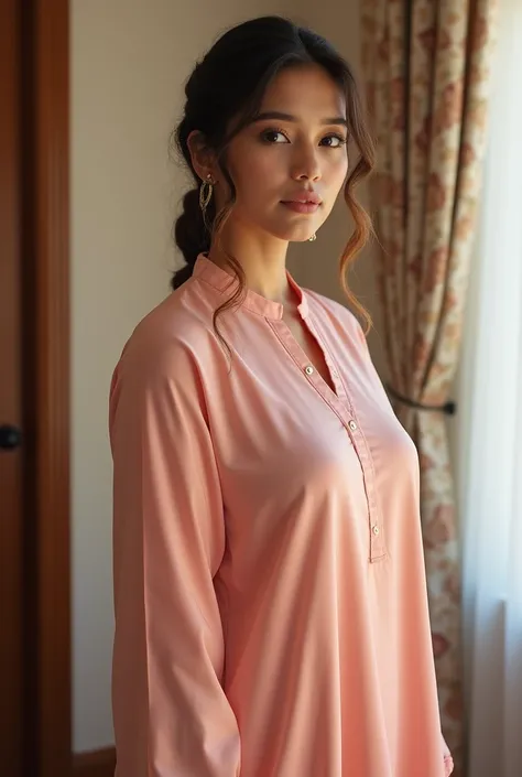 a close up of a woman in a pink outfit standing in a room, wearing a silk kurta, very very low quality picture, wearing a kurta, wearing dress, candid picture, with lovely look, posing!!, looking from side, in shades of peach, very beautiful enga style, so...