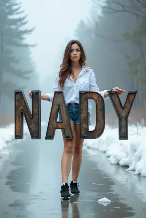 Photo image of a beautiful woman wearing a white shirt ripped short black sneakers with holding a big name in metal woods"NADY"standing on the foreground in metallic giant letters with fog and trees in background and an icy shiny floor