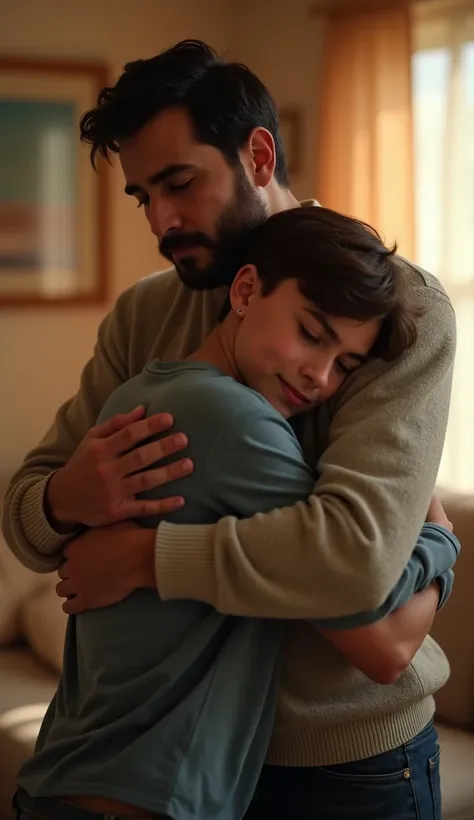 A touching and emotional scene of a young man leaning on his fathers chest with tears in his eyes. The father hugs him tightly, offering reassurance and comfort. The background is warm and softly lit, creating a tender and heartfelt moment. Both characters...