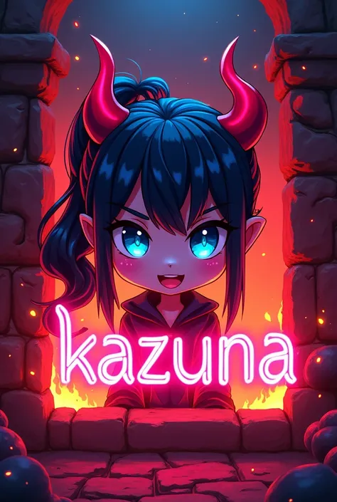 Inscription "Kazuna"et dun logo dun démon fille en lumière néon sur un mur enflammé. Le logo de la mignonne et sexy démon fille à des yeux bleu azur et une coupe en queue de cheval ainsi que de petites cornes rouges.