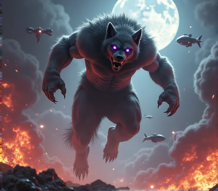  full body, big muscular humanoid grey werewolf sci fi warrior, with piercing purple werewolf eyes, wearing black pants, flying through spaceshios, explosions and big space battle in background