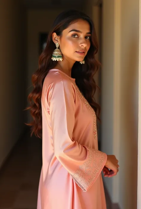 a close up of a woman in a pink outfit standing in a room, a picture inspired by Ambreen Butt, reddit, tachisme, wearing a silk kurta, very very low quality picture, wearing a kurta, wearing dress, candid picture, posing!!, with lovely look, looking from s...