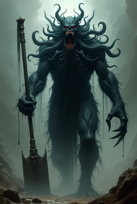 A man with many tentacles and mouths with sharp teeth, claws, eyes,  in the style of Lovecrafts cosmic horror ,  that are the epitome of human vigour ,  stamina and agility ,  covered by a drooling black pitch and wearing a heavy medieval mangual