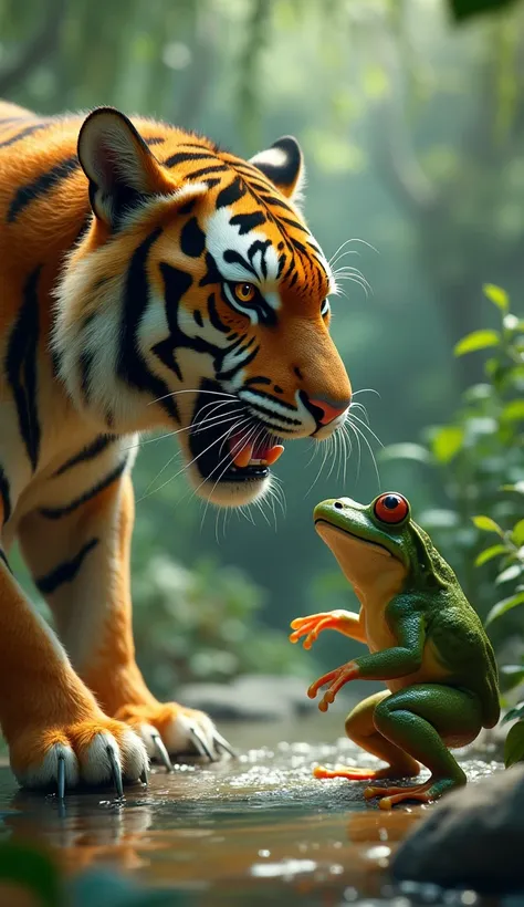 Give me modify image confrunt of tiger and frog 