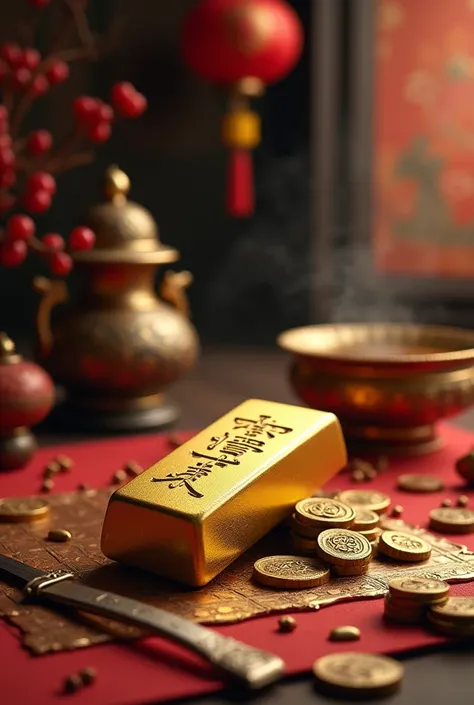  high-res image ，  The background is an ancient Chinese arrangement based on Feng Shui.，Place a gold bar in the center  🍀，旁边有铜钱剑🔮和香炉🕯️， . The overview is full of the atmosphere of the master of feng shui.  。