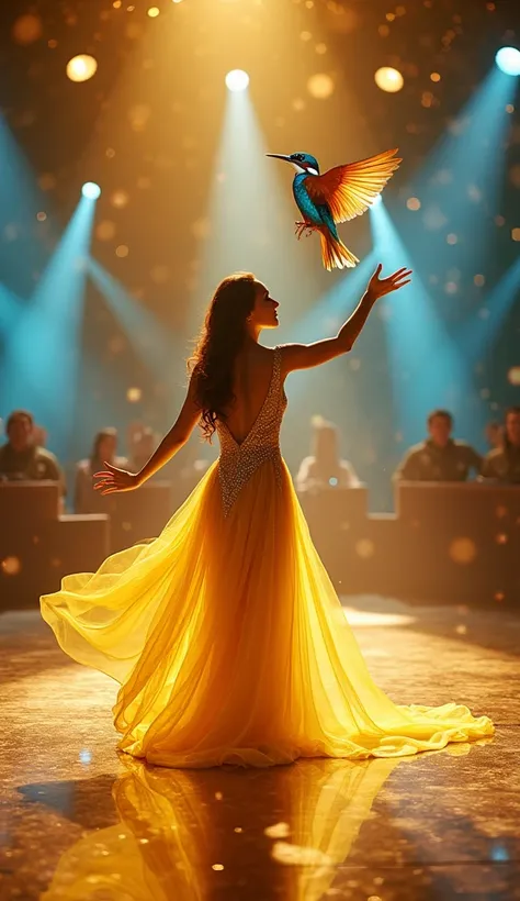 "A vibrant stage illuminated by dramatic spotlights in a mystical atmosphere. At the center stands a graceful woman in a radiant golden yellow gown sparkling under the lights, performing an enchanting act with a kingfisher hovering above her hand. The bird...