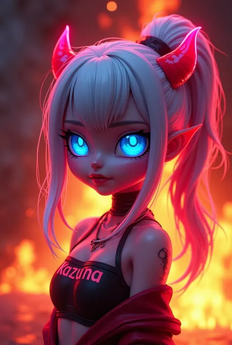 Inscription "Kazuna"et dun logo dun démon fille en lumière néon sur un mur enflammé. Le logo de la mignonne et sexy démon fille à des yeux bleu azur et une coupe en queue de cheval de couleur blanc avec des mèches rosés ainsi que de petites cornes rouges