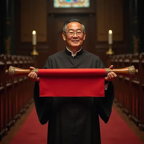 A priest stands in the aisle of a church in Taiwan, holding a large blank red scroll with brown wooden sides, smiling and facing the camera.