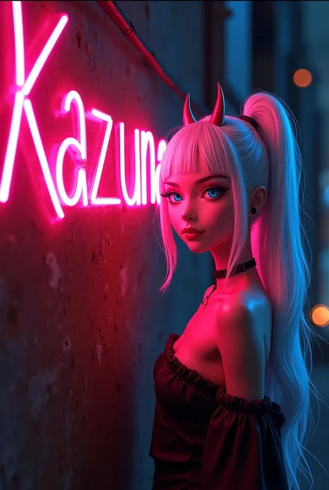 Inscription "Kazuna"et dun logo dun démon fille en lumière néon sur un mur enflammé. Le logo de la sexy démon fille à des yeux bleu azur et une coupe en queue de cheval de couleur blanc avec des mèches rosés ainsi que de petites cornes rouges