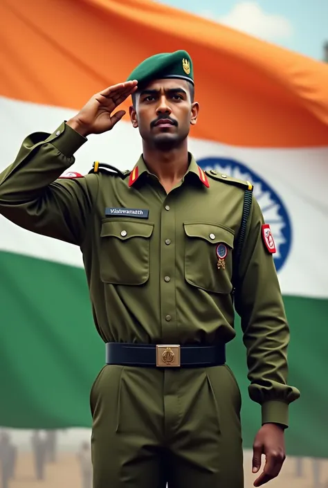 A man in Indian army dress and stand infront of India flag and salute on his army shirt with name VISHWANTH