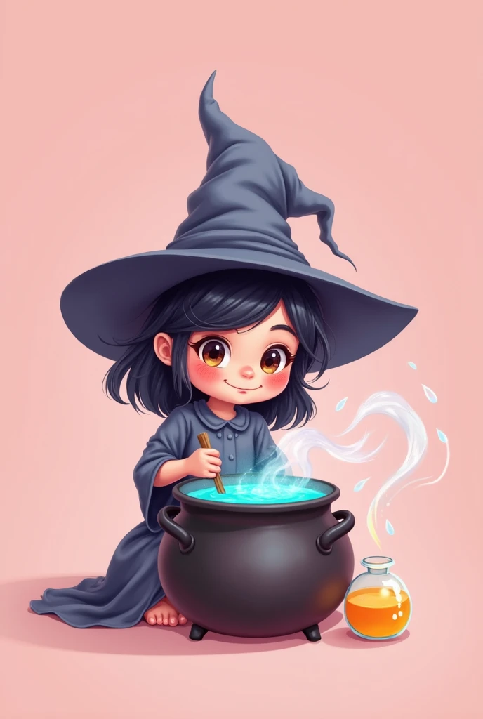 Cute witch brewing potion - make the background simple, theme should be pastel pink and black