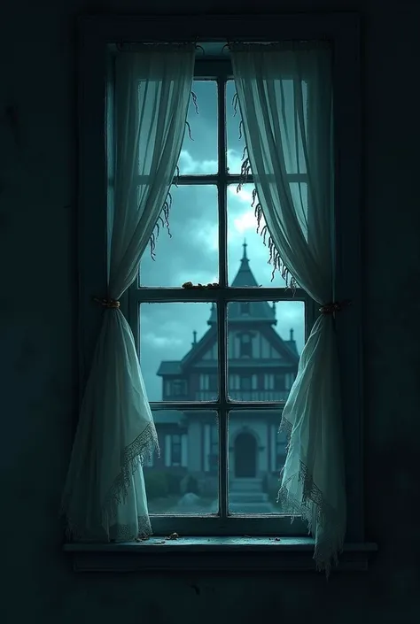 Take a look at a window in a house. Give it a scary atmosphere . Let the window have curtains