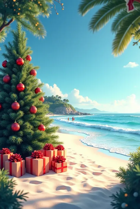 Merry Christmas with beach in landscape background 