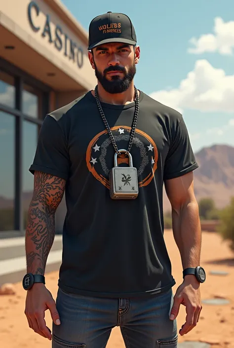 Create a male image full body with a beard padlock with modern clothes and his Diha HomaBet t-shirt and a cap that says WolfBet standing outside a remote casino called Bet30Pro