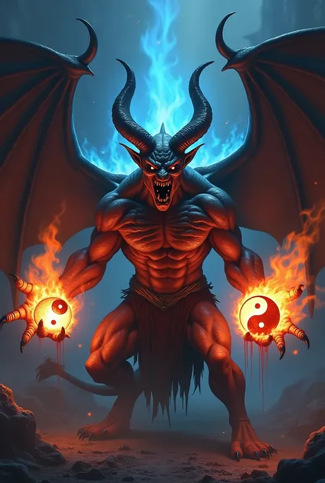  Draw a devil with two wings ,  holding yin and yang burning blue and orange, and blood is to leak from the devils mouth 