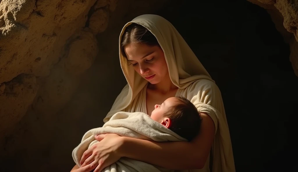 Setting: Birth of Jesus in the Cave
A close-up half-body shot of a radiant Virgin Mary cradling the newborn Jesus in a dimly lit cave, her expression a mixture of exhaustion and profound love. The baby Jesus is wrapped in swaddling cloth, his face peaceful...