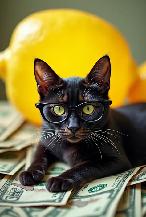 One cat in black red white with black glasses for the dollar is lying on dollar bags and the bright Just a Lemon sign