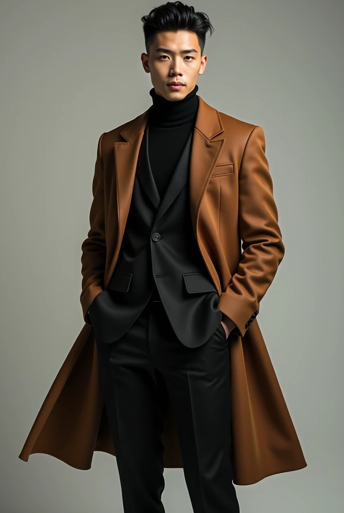 Tall young Asian man, 60-40 Quiff, light skin, black formal clothes and long brown coat 
