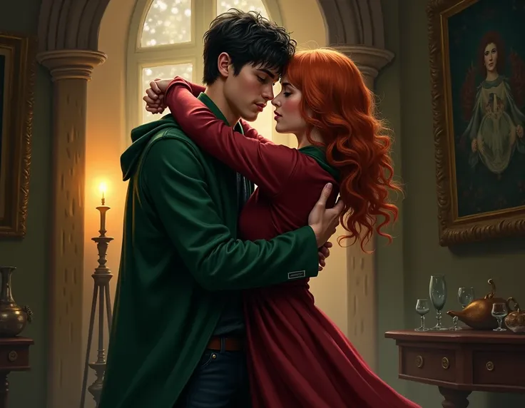 teenage boy in a slytherin uniform making out with a teenage boy with red hair in a Gryffindor uniform