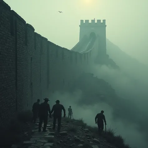 "A haunting and dramatic depiction of the Great Wall of China during its ancient construction. The scene shows exhausted workers toiling under harsh conditions, with some collapsing from exhaustion. The wall looms ominously, partially built, surrounded by ...