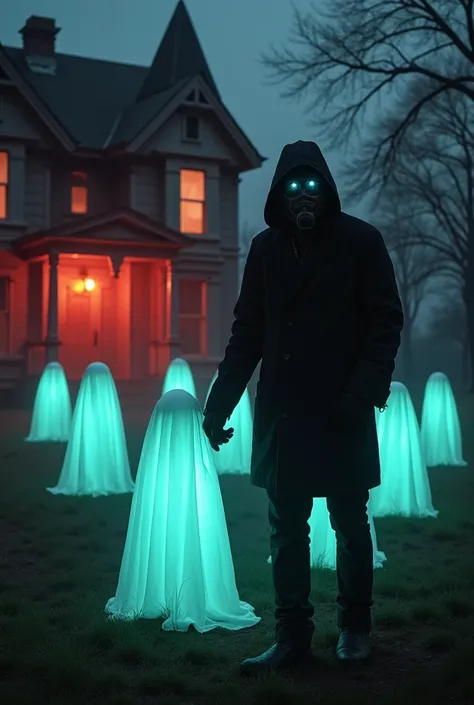 Create an eerie, nighttime scene of a paranormal investigator, wearing a black coat and steel mask, cautiously searching for ghosts with an EMF detector and flashlight. Surround the investigator with 5-7 glowing, translucent ghostly figures of varying shap...