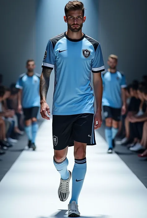  Presentation uniform for a soccer team, Hot weather,  light blue with black and white, elegant for fashion show 